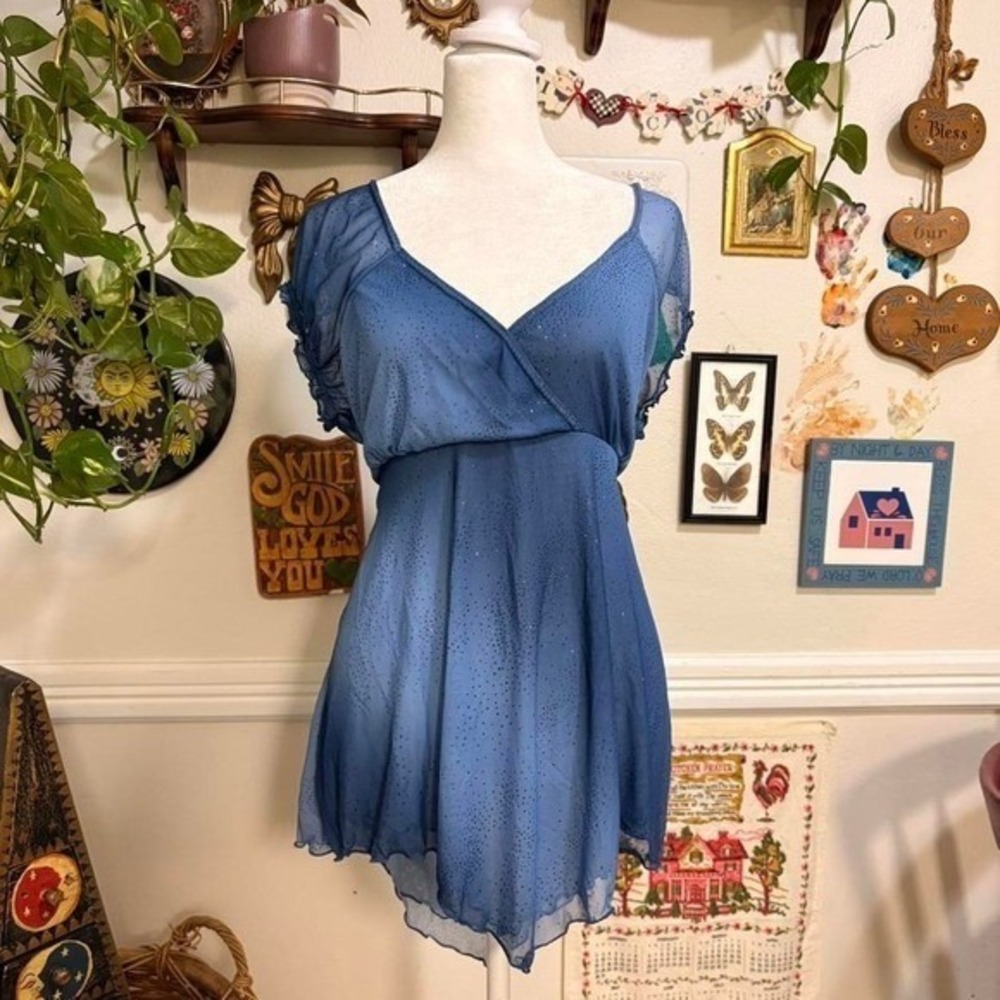 Vintage Y2K Blue Fairy Glitter Babydoll Asymmetrical Ruffle Hem Size 12/14